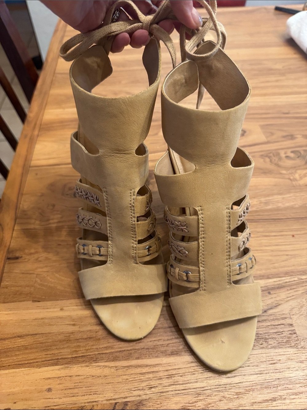 Lucky Brand Vegan Women's Tan Lace-Up Cutout Heeled Sandals 7.5